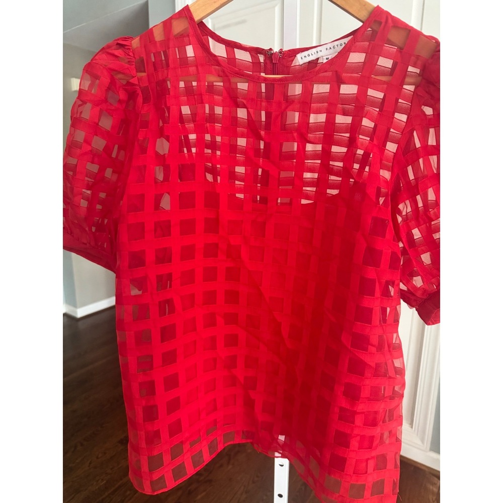 Red Puff Sleeve Grid-Pattern Top - Picture 8 of 11